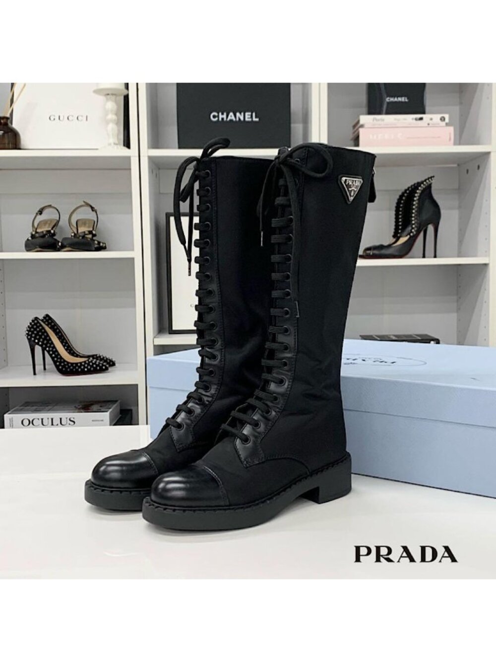 Prada Re-Nylon Triangle Logo Nylon Leather Long Boots